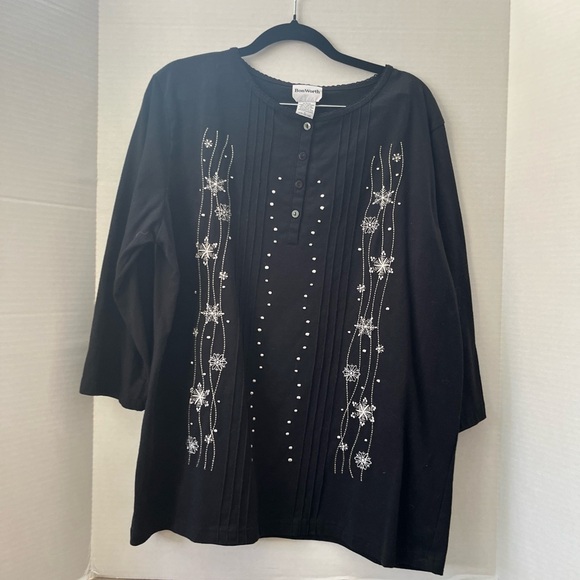 BONWORTH Women’s Large 3/4 Sleeve Black Embroidered Blouse Top Cotton Blend - Picture 2 of 7